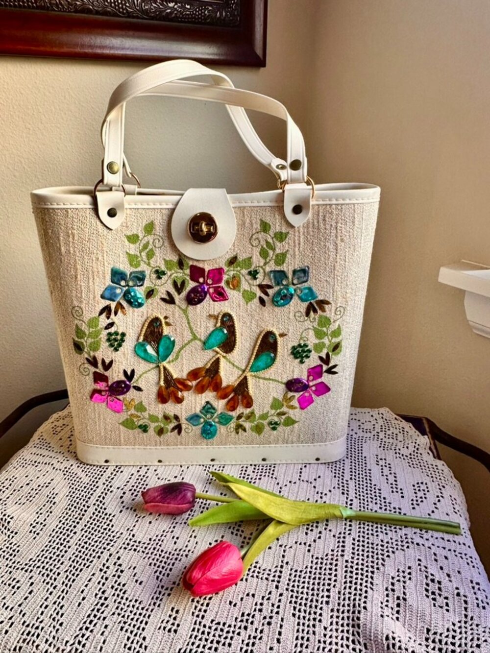 ENID COLLINS Vtg 60s Bright Spring BIRDS Bucket Bag/Purse